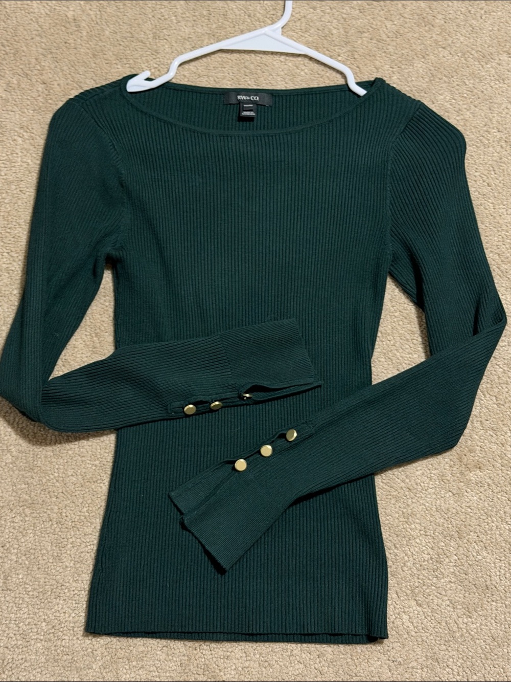 RW&co. Dark Green Ribbed Crewneck Sweater with Gold Button Cuffs